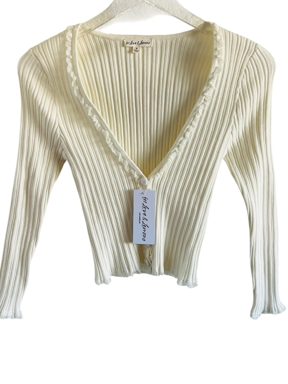 For Love And Lemons Cream Ribbed V‑Neck Button Down Cardigan